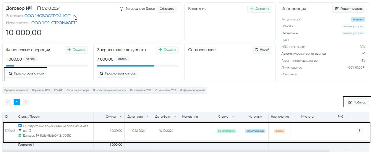 Просмотр финансовых операций